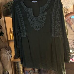 John Mark Forest Green Embroidered Blouse